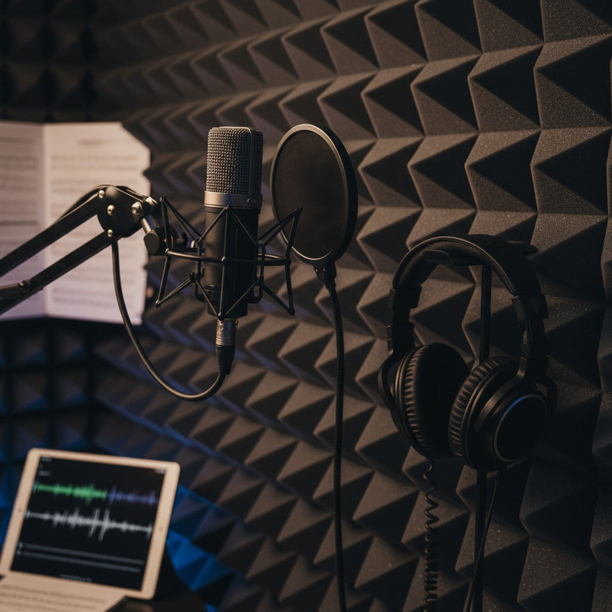 Detailed shot of high-density foam tiles, a studio microphone, and headphones—emphasizing the importance of acoustic foam.
