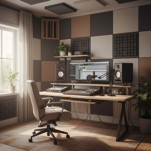 A modern home studio featuring foam tiles and bass traps, with natural light and professional audio gear.