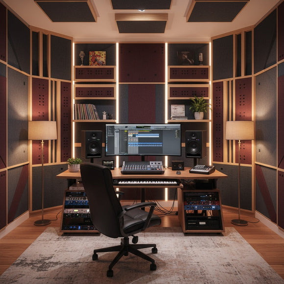 This image highlights a modern, inviting studio setup with foam panels and bass traps installed on the walls and in the corners—showcasing real, effective acoustic treatment in action.