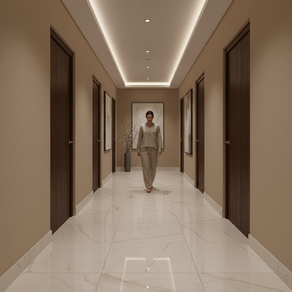 A peaceful apartment hallway with elegant flooring and soft lighting, a person walking barefoot, visually suggesting privacy and tranquility from soundproofed floors.