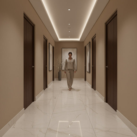 A peaceful apartment hallway with elegant flooring and soft lighting, a person walking barefoot, visually suggesting privacy and tranquility from soundproofed floors.