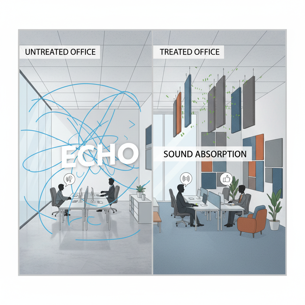 Side-by-side comparison of an echoey office with bare hard surfaces versus a treated office with acoustic wall panels and ceiling baffles.