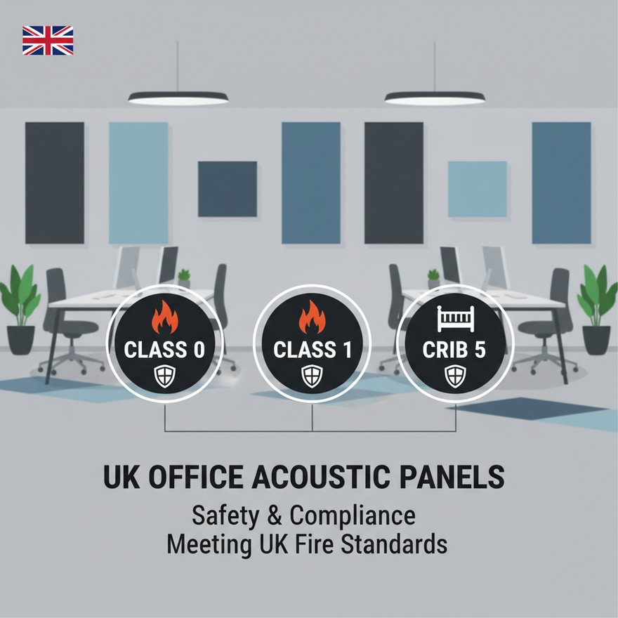 Illustration of UK office acoustic panels with fire rating icons such as Class 0, Class 1 and Crib 5, set against a modern office background.