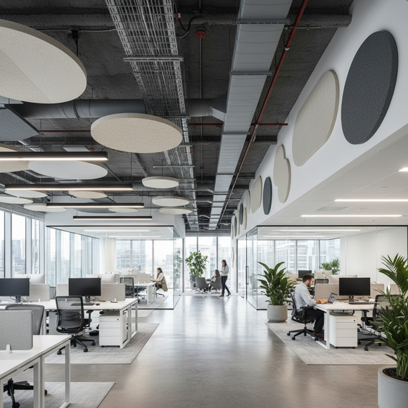 Modern open-plan UK office with wall and ceiling acoustic panels installed to reduce echo and background noise.