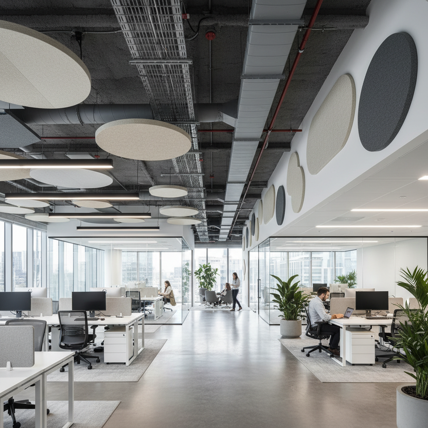 Modern open-plan UK office with wall and ceiling acoustic panels installed to reduce echo and background noise.