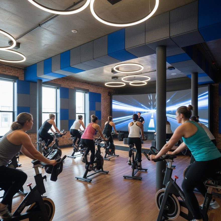 a busy gym with effective soundproofing and acoustic treatment panels